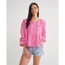 Mixray 4714 Kadın Yakası Volanlı Bol Müslin Bluz Pembe