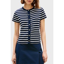 Tommy Hilfiger Logolu % 100 Pamuk Slim Fit Düğme Detaylı T Shirt Bayan T Shirt WW0WW48709 0x3