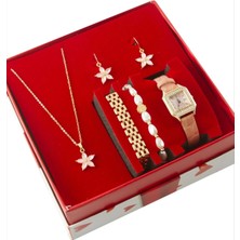 Uluora Çiçek Kayışlı Bayan Kol Saati ve Takı Seti Kombini