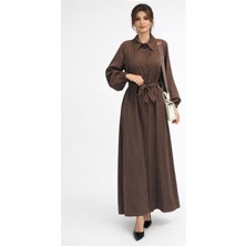Lale Butik Düğmeli Modal Elbise 13249 Kahverengi
