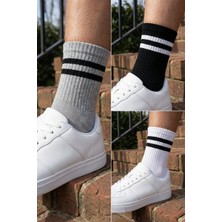 Lykos Unisex 3'lü Paket %90 Pamuklu Çizgili Kolej Çorap Seti - Siyah - Beyaz - Gri