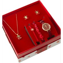 Uluora Kiraz Kayışlı Bayan Kol Saati ve Takı Seti Kombini