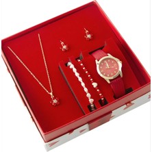 Uluora Papatya Kayışlı Bayan Kol Saati ve Takı Seti Kombini