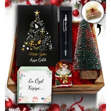 As Gift Kasa Içerisinde Çam Ağacı & Kişiye Özel Siyah Defter & Kar Küresi & Kalem Hediye Seti