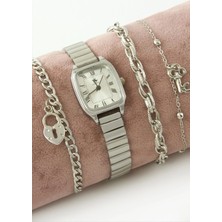 Uluora Kare Metal Kordonlu Bayan Kol Saati ve Bileklik Kombini