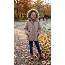 HaanBebe Kız Çocuk Bej Kapüşonlu Kürklü Şişme Mont - Kışlık Kaban