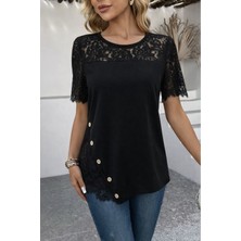 Stelol Kadın Kısa Kollu Dantel Detaylı Yandan Düğmeli Waffle Bluz