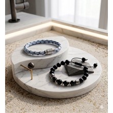 Lia Charm El Örgüsü Deri Bileklik ve Doğal Taşlı Siyah Boncuklu Kombin Seti - 2'li Unisex Bileklik Takımı