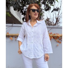 Denizege Butik Italyan Pamuk Güpür Yakalı Gömlek Beyaz