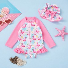 RosabelleMare Kız Bebek Flamingo Desenli Uzun Kollu Mayo Pembe Fırfırlı Şık Yazlık Tasarım