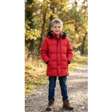HaanBebe Kırmızı Erkek Çocuk Kapüşonlu Şişme Mont - Su ve Rüzgar Geçirmez Kışlık Kaban