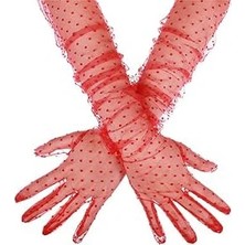 Uzun Boy Kırmızı Puantiyeli Kırmızı Renk Yetişkin Tül Eldiven 55 cm