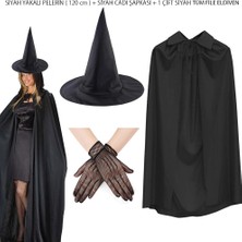 120 cm Siyah Yakalı Cadı Pelerini Cadı Şapkası ve 1 Çift Siyah Kısa File Tüm Eldiven Seti 3 Parça