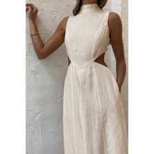 Minik Boyun Detay Pencereli Bel Kolsuz Dizaltı Midi Sahil Yazlık Viskon Elbise