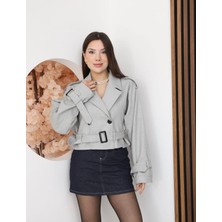 My Lunessa Zr Kısa Crop Kemerli Gri Poliviskon Kumaş Trençkot