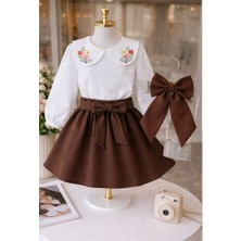 Sy Store Kız Çocuk Nakış Detaylı Bluz & Fiyonklu Etek Takım