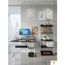 Ayz Vien 2 Raflı Çalışma Masası 5 Raflı Kitaplık Monitör Yükseltici Set Kitaplıklı Ofis Masası Beyaz-Siyah
