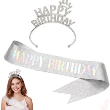 Süsle Bebek ve Parti Happy Birthday Taç ve Kuşak Seti - Gümüş