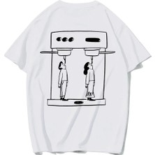 Brz Collection Unisex Oversize Minimalist Kahve Baskılı Modern Illüstrasyon t-Shirt (Beyaz)