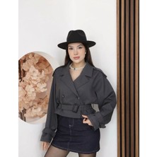 My Lunessa Zr Kısa Crop Kemerli Antrasit Poliviskon Kumaş Trençkot