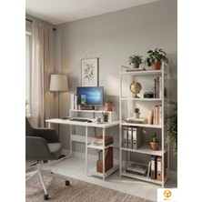 Ayz Vien 2 Raflı Çalışma Masası 5 Raflı Kitaplık Monitör Yükseltici Set Kitaplıklı Ofis Masası Beyaz-Beyaz
