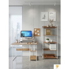 Ayz Vien 2 Raflı Çalışma Masası 5 Raflı Kitaplık Monitör Yükseltici Set Kitaplıklı Ofis Masası Beyaz Çam