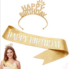 Süsle Bebek ve Parti Happy Birthday Taç ve Kuşak Seti - Altın