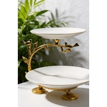 Alfafe Home Gold Kuş Detaylı 2 Katlı Porselen Sunumluk Servis Tabağı, Dekoratif Kurabiyelik & Ikramlık Standı