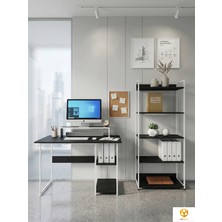 Ayz Vien 2 Raflı Çalışma Masası 5 Raflı Kitaplık Monitör Yükseltici Set Kitaplıklı Masa Beyaz Siyah