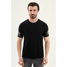 MCR Düz Slim Fit Kolu Nakışlı Bisiklet Yaka Erkek T-Shirt