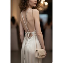 Fashion Cocktail Helen Örgü Sırt Bağlamalı Mat Yumuşacık Saten Yırtmaçlı Bohem Yazlık Uzun Helenistik Gece Elbise