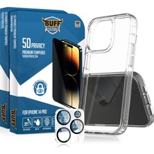Buff Labs Buff iPhone 14 Pro Avantaj Paket - 2X5D Ekran Koruyucu + Şeffaf Kılıf + Lens Koruyucu Privacy