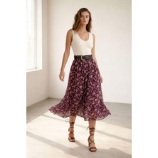 Shopping Shop Kemerli Çiçek Desenli Şifon Etek Murdum