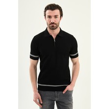 MCR Çizgi Detaylı Slim Fit Polo Yaka Fermuarlı Erkek Triko T-Shirt