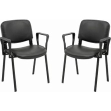 Ofisbazaar Form Siyah Deri Kolçaklı Misafir Sandalyesi 2'li Set | Metal Ayaklı Ergonomik Bekleme Sandalyesi Siyah
