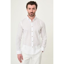 MCR Düz Slim Fit Yakası Düğmeli Keten Erkek Gömlek