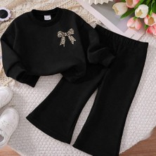 Sy Store Kız Çocuk Leopar Fiyonk Baskılı Sweatshirt & Ispanyol Paça Eşofman Takımı
