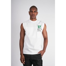 Ex-Pent Pamuklu Kumaştan Uyumlu Kumaş Kombinasyonlu Regular Kalıp Baskılı Kolsuz Beyaz T-Shirt