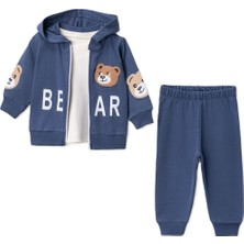 Bobişko Erkek Bebek Mavi Ayıcık Baskılı 3’lü Takım 6-24 Ay %100 Pamuk Kapüşonlu Eşofman Takımı