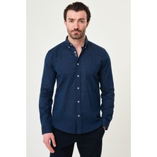 MCR Düz Slim Fit Yakası Düğmeli Keten Erkek Gömlek
