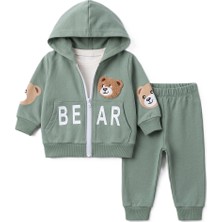 Bobişko Erkek Bebek Mavi Ayıcık Baskılı 3’lü Takım 6-24 Ay %100 Pamuk Kapüşonlu Eşofman Takımı