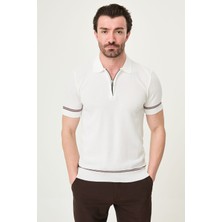 MCR Çizgi Detaylı Slim Fit Polo Yaka Fermuarlı Erkek Triko T-Shirt