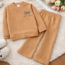 Sy Store Kız Çocuk Leopar Fiyonk Baskılı Sweatshirt & Ispanyol Paça Eşofman Takımı