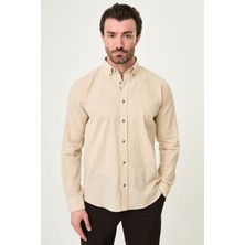 MCR Düz Slim Fit Yakası Düğmeli Keten Erkek Gömlek