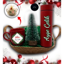 As Gift Hasır Sepetli Kişiye Özel Kırmızı Termos & Yılbaşı Ağacı & Kırmızı Kupa Hediye Seti