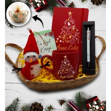 As Gift Hasır Sepetli Kişiye Özel Kırmızı Defter & Kırmızı Kupa & Kardan Adam & Kalem Hediye Seti