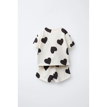 Magu Unisex Çocuk Pamuklu Kalp Desenli Tişört Şort Takım - Cepli