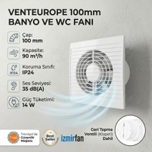 VentEurope Refined 100 Bd 10 cm Kapaklı Banyo Wc Aspiratör Havalandırma Fanı Sessiz