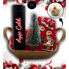 As Gift Hasır Sepetli Kişiye Özel Siyah Dereceli Termos & Çam Ağacı & Kar Küresi & Yılbaşı Çorabı Hediye Seti
