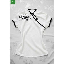 Çin Yakalı Floral Motifli Beyaz Şeritli Vintage Y2K Kısa Kollu Bluz